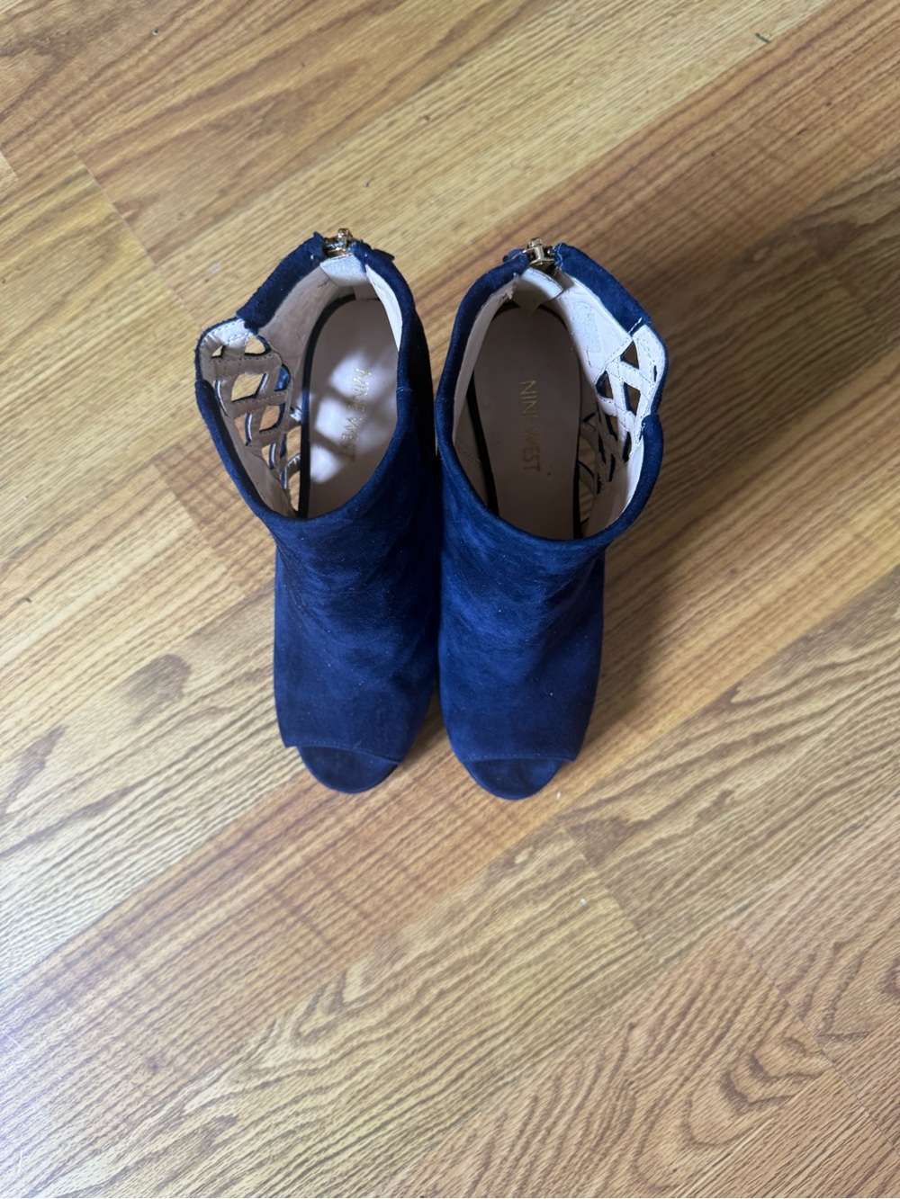 Nine West Navy Suede Peep Toe Ankle Booties with Cutout Heel